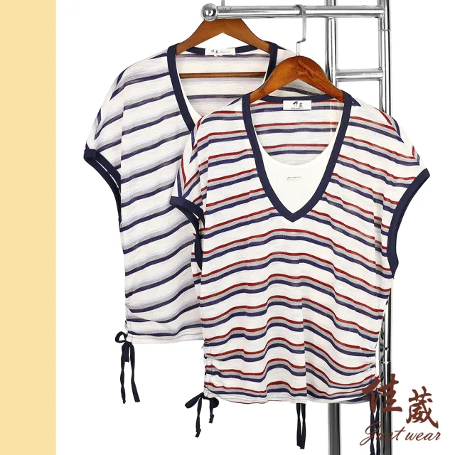 【Just Wear 佳葳】V領假兩件彩條針織上衣 2色(女上衣/女上著/修身/短袖/條紋/拼接/休閒/百搭)