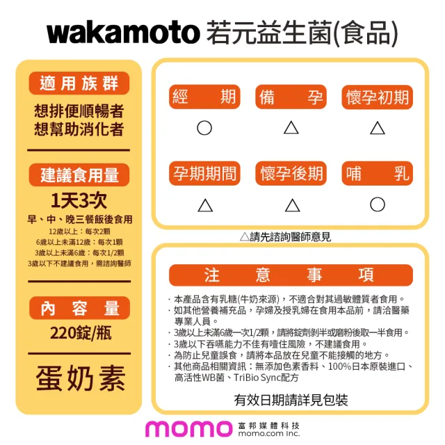 【Wakamoto 若元】若元益生菌_220錠/瓶(食品、獨家高活性WB菌、TriBio Sync配方、使排便順暢、日本原裝)