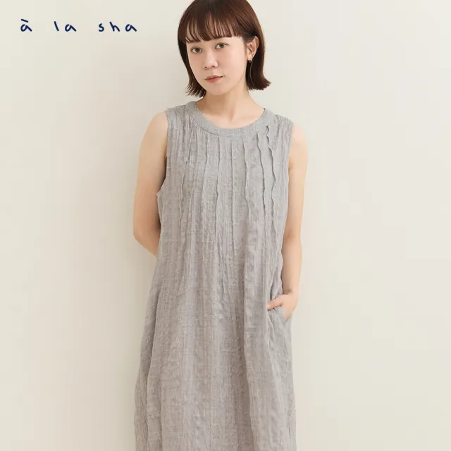 【a la sha】輕透格紋抓褶背心洋裝