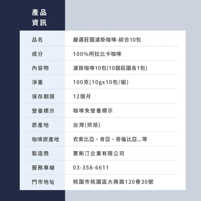【JC咖啡】嚴選莊園濾掛咖啡-綜合10包(10g/包-10個莊園各1包;精品咖啡-去氧設備包裝;小紙箱環保包裝)