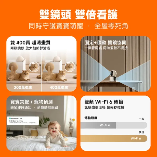 【小米】官方旗艦館 Xiaomi智慧攝影機C500 雙攝版(2K雙鏡頭/寵物追蹤/寶寶哭聲/AI偵測/全彩夜視/監視器)