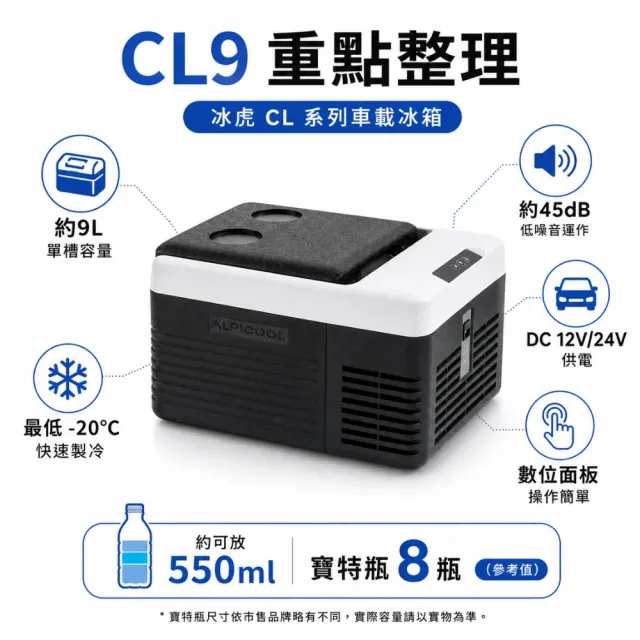 【Alpicool】冰虎 9公升 單槽行動冰箱 車用移動冰箱 露營 壓縮機 冷藏冷凍 置杯槽新版 CL9 總代理公司貨