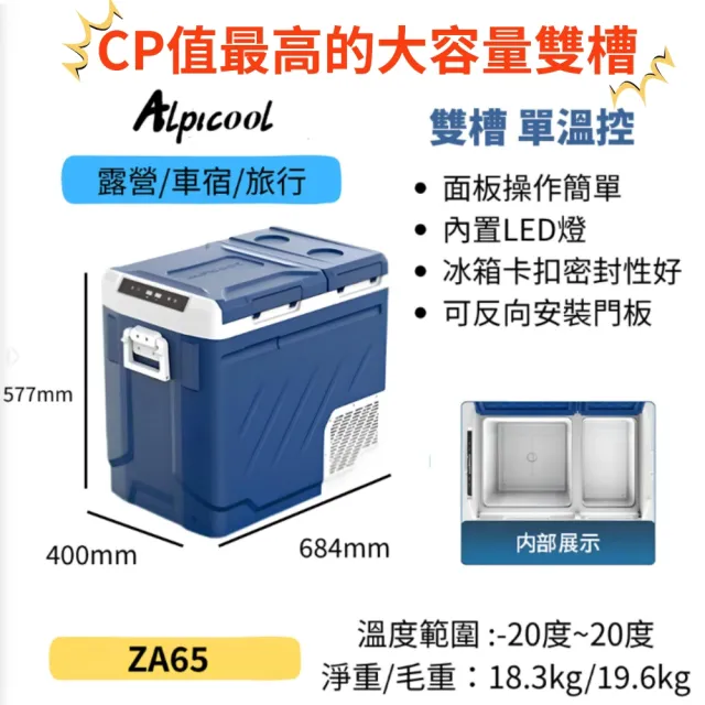 【Alpicool】冰虎 65公升 雙槽行動冰箱 車用移動冰箱 露營 冷藏冷凍 美規強效壓縮機 ZA65 總代理公司貨
