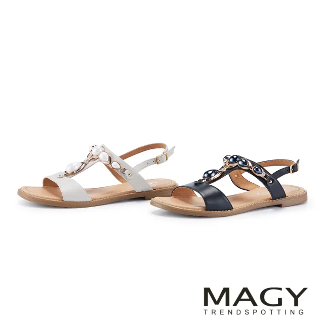 【MAGY】牛皮寶石裝飾平底涼鞋 米白