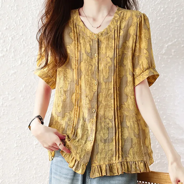 【麗質達人】8274黃色緹花短袖上衣-LY (L-5XL)
