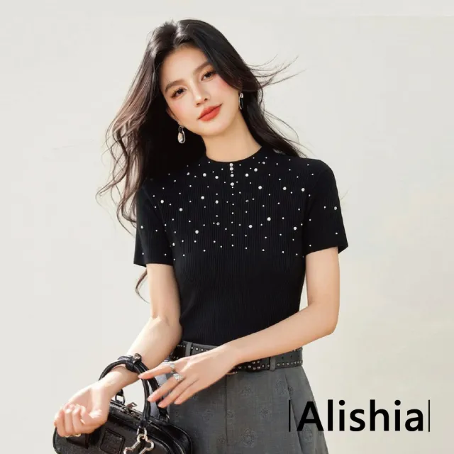 【Alishia】復古時尚純色質感珍珠短袖修身上衣 T恤 S-XL(黑色)