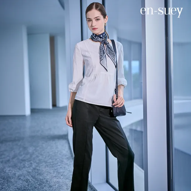 【en-suey 銀穗】EU雙腰耳中線剪接合身長褲-女