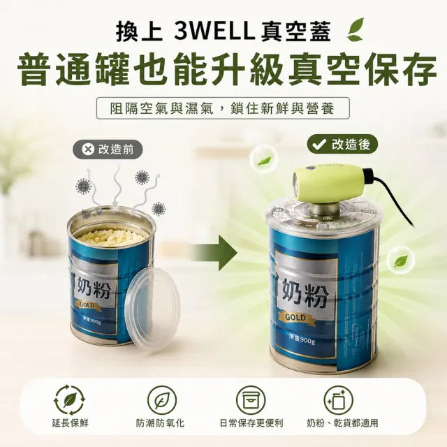 【3Well】專利真空保鮮蓋Sx2入套組(鐵罐變身真空罐 須搭配真空機使用)