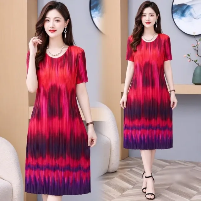 【巴黎精品】多款三宅風皺褶衣服洋裝寬鬆連身裙子長裙褶皺上衣印花摺衣折衣（壓褶大尺碼短袖女裝n2b17 M)