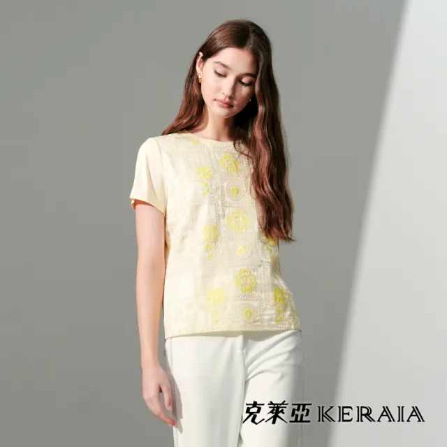 【KERAIA 克萊亞】暖陽花韻蕾絲亮片異素材拼接上衣