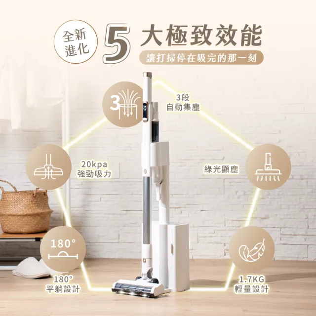 【SANSUI 山水】小白淨|自動集塵無線吸塵器(SVC-P880)綠光顯塵/集塵式/除螨/寵物家庭/強吸力/父親節