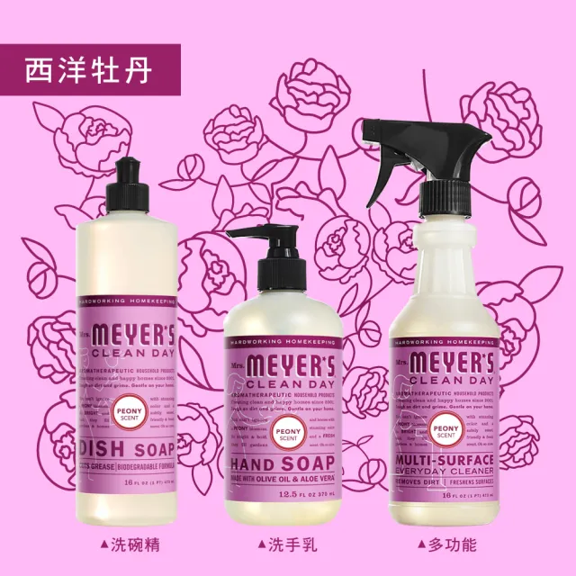 【Mrs.Meyers 梅耶夫人】西洋牡丹香氛洗手乳x1+補充瓶x2(粉香 柔花 花瓣水韻 柔甜花霧)