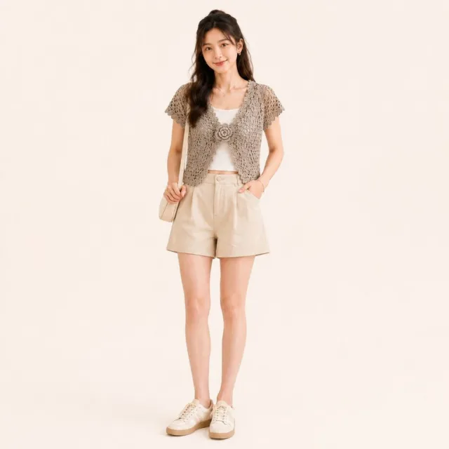 【RH】花漾珍珠手勾鏤空短版外搭（兩色手勾鏤空短版外罩）