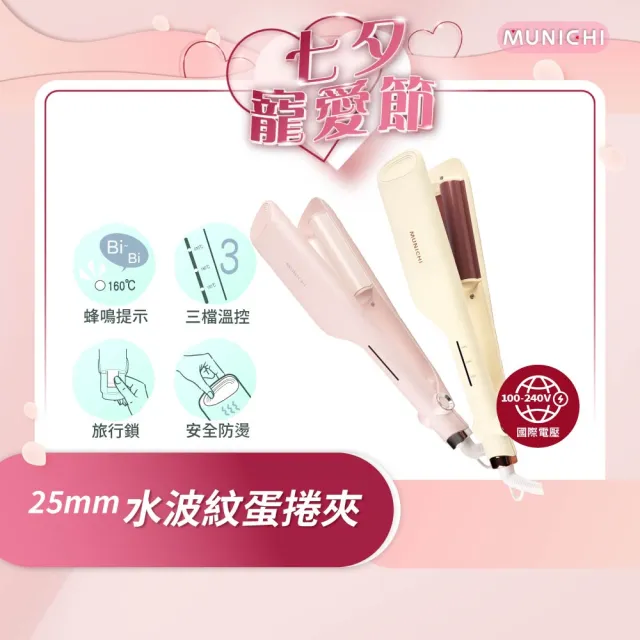 【MUNICHI 沐尼黑】25MM 國際電壓負離子水波紋蛋捲夾(MR.25MM)雙電壓/波浪夾/造型器/旅行/智能斷電
