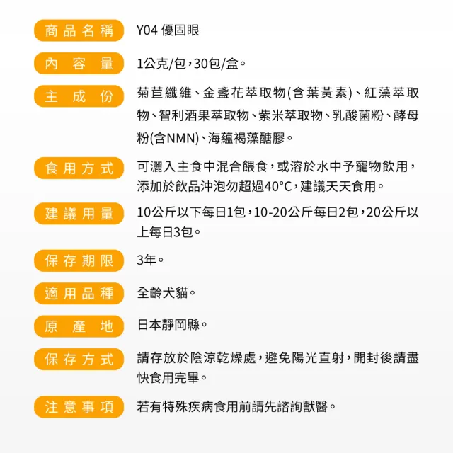 【Yakupet 優固倍】Y04優固眼 1盒組30包(狗貓眼睛保健 含蝦紅素、葉黃素、智利酒果、紫米萃取物、NMN)