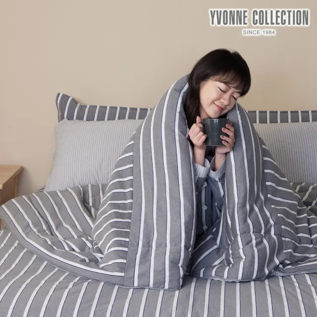 【YVONNE 以旺傢飾】100%美國棉暖玉被-木屋條紋 岩石灰(雙人 冬被 棉被 水洗 台灣製)