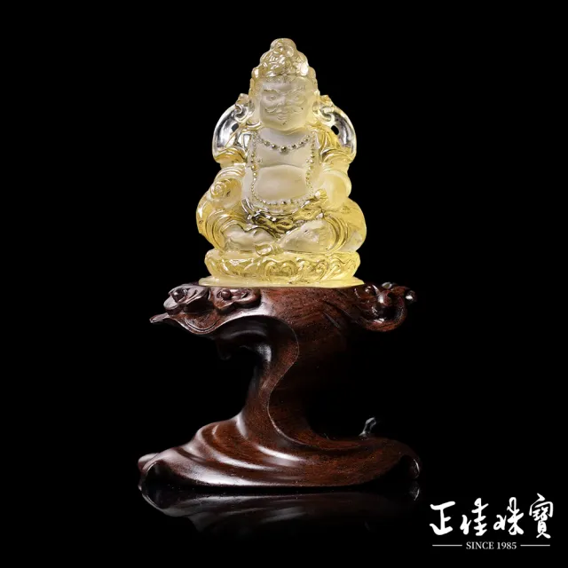 【正佳珠寶】黃水晶 頂級透體 金光黃財神 156g 黃水晶黃財神雕刻｜黑檀木座