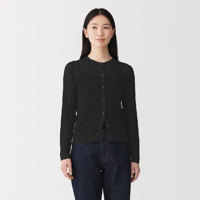 【MUJI 無印良品】女柔滑羅紋鏤空編織圓領開襟衫(黑色/象牙白/深棕)