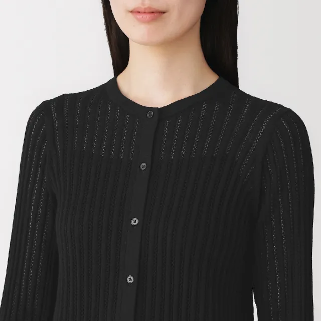 【MUJI 無印良品】女柔滑羅紋鏤空編織圓領開襟衫(黑色/象牙白/深棕)