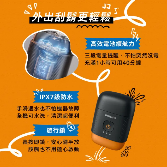 【Philips 飛利浦】YQ660 掌上型電鬍刀-磨利橘 (口袋尺寸/附鼻毛修剪器/官方直營)