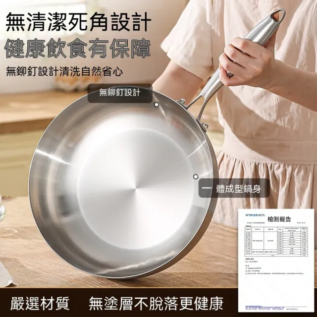 【Quality 聚家】304不銹鋼炒鍋 炒菜鍋 平底鍋 深煎鍋 不粘鍋 30CM/加深鍋底/無塗層/不挑爐具/送鍋蓋
