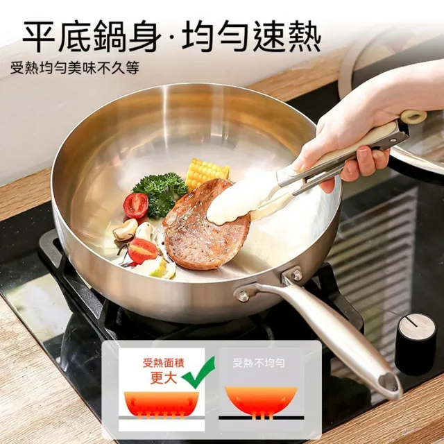 【Quality 聚家】304不銹鋼炒鍋 炒菜鍋 平底鍋 深煎鍋 不粘鍋 30CM/加深鍋底/無塗層/不挑爐具/送鍋蓋