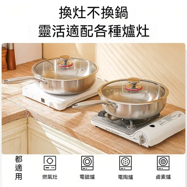 【Quality 聚家】304不銹鋼炒鍋 炒菜鍋 平底鍋 深煎鍋 不粘鍋 30CM/加深鍋底/無塗層/不挑爐具/送鍋蓋