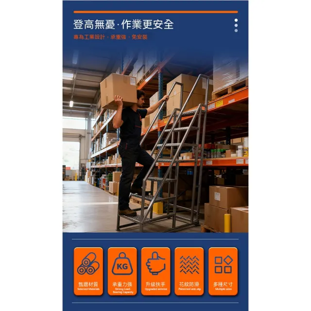 YouPin 貨架登高梯 工業踏步梯 170cm高臺階梯凳 帶扶手倉庫移動梯子 工業用梯