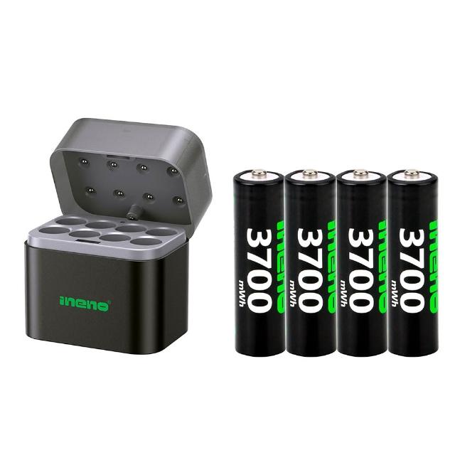 【iNeno】3號/AA 恆壓可充式1.5V鋰電池全新特大能量3700mWh4入+3號8槽 鎳氫/鋰電混充型AI隨身收納盒充電器