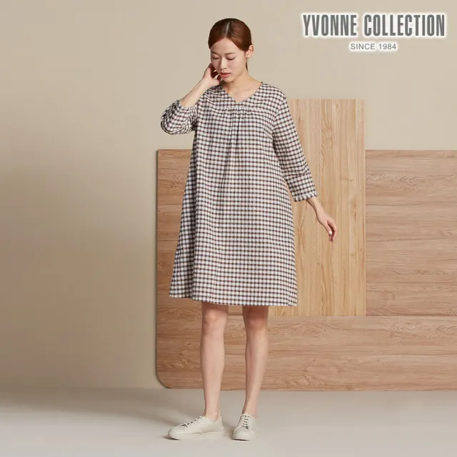 【YVONNE 以旺傢飾】皺皺格七分袖V領洋裝-可可棕