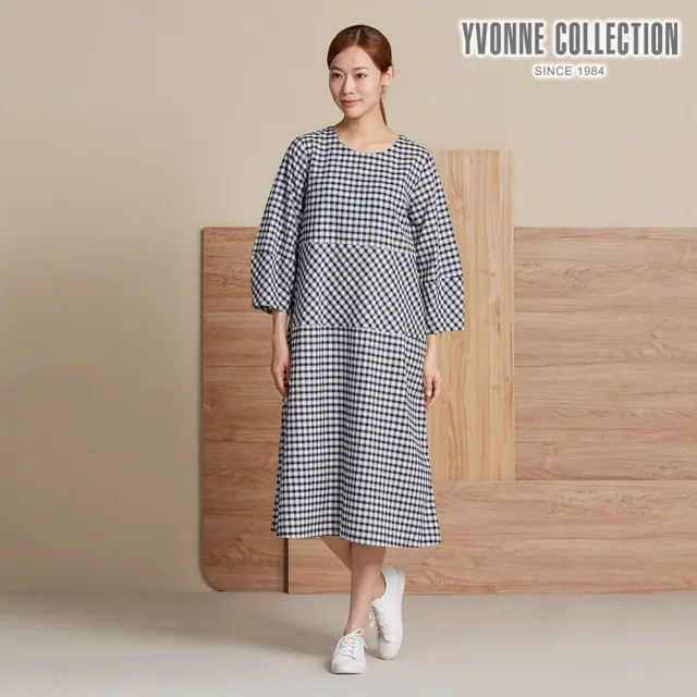 【YVONNE 以旺傢飾】皺皺格拼接九分袖洋裝-丈青