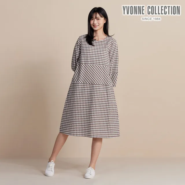 【YVONNE 以旺傢飾】皺皺格拼接九分袖洋裝-可可棕