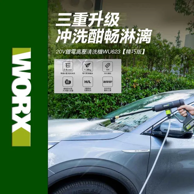 【WORX 威克士】20V 無線高壓清洗機 WU623.4(高壓清洗機 便攜式清潔機 鋰電高壓洗車機 無線高壓洗車機)