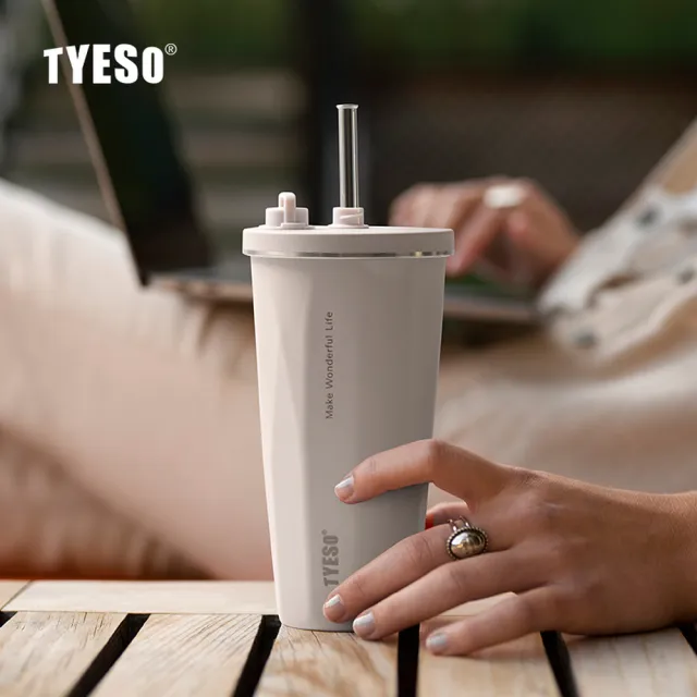【TYESO】日規設計 雙色漸層鑽石吸管彈跳隨行杯470ml(折疊吸管/防漏/304不鏽鋼/保溫/保冷/附提手底套)