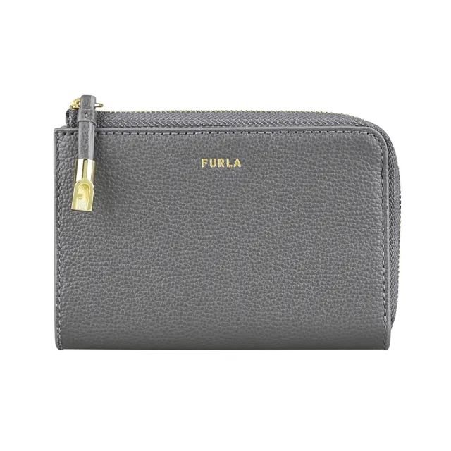 【FURLA 芙拉】FURLA精品燙金小牛皮零錢袋拉鍊卡夾(都會灰)