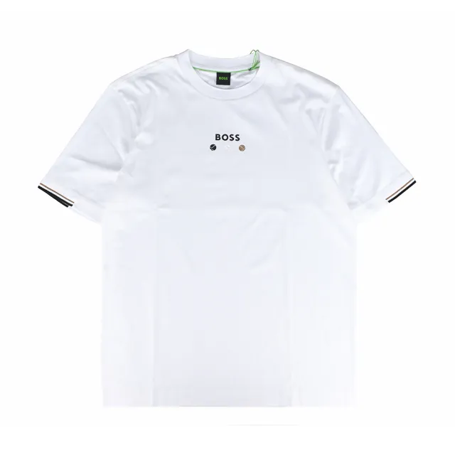 【BOSS】BOSS 印花白字LOGO膠囊系列純棉網球設計圓領短袖T恤(男款/白)