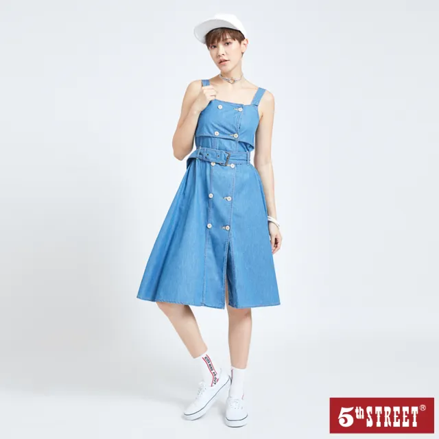 【5th STREET】雙11 女鈕扣女吊帶背心裙-中古藍