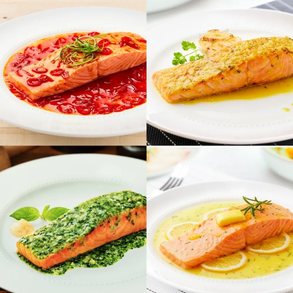 【美威鮭魚】輕鬆料理任選四入組(法式香蒜+羅勒鹽麴+奶油檸檬+川香剁椒)