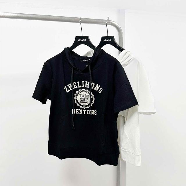 【HONOR 山形屋】出清品 時尚字母印花連帽短袖上衣-白/黑(限定出清)
