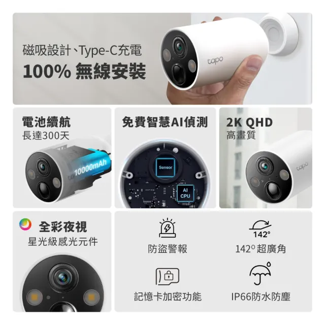 【TP-Link】2K 磁吸式Wi-Fi監視器 400萬畫素 無線網路攝影機 電池機 IP CAM 142°廣角/全彩夜視(Tapo C425)