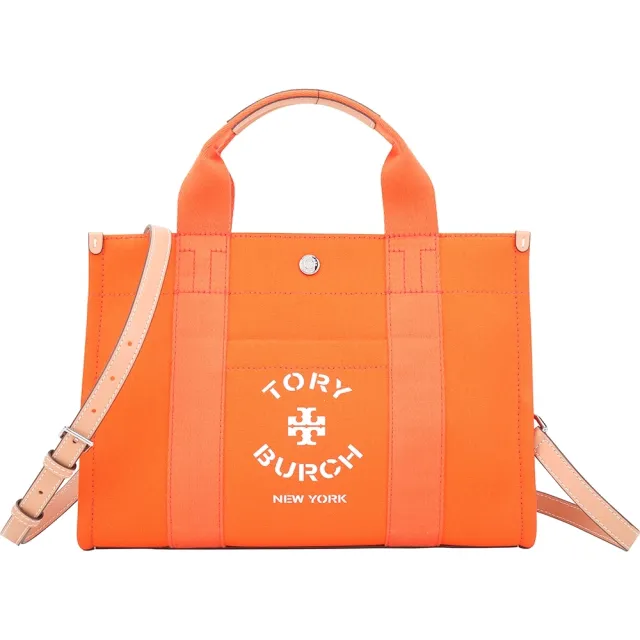 【TORY BURCH】小款 印花標誌帆布手提/肩背托特包(亮橘 帆布包 兩用 TB)