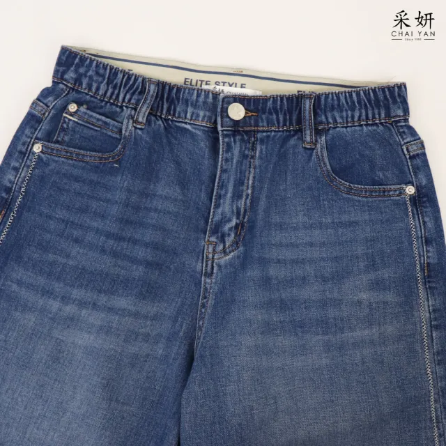 【CHAI YAN 采妍】復古水洗後皮標牛仔五分褲(春夏女裝/中大尺碼/牛仔褲/休閒褲/寬褲/短褲)
