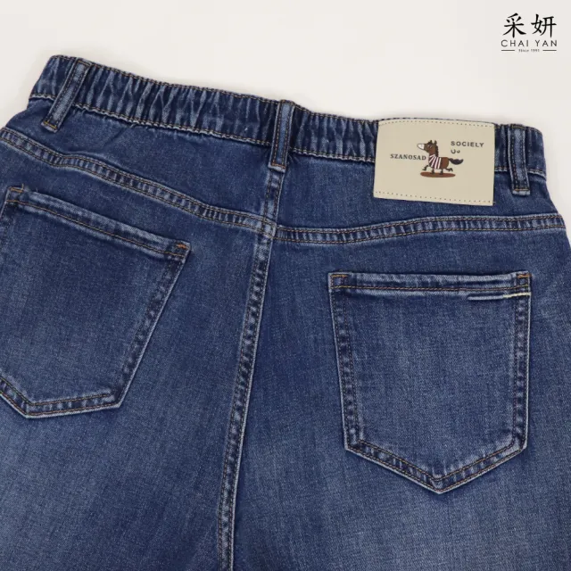 【CHAI YAN 采妍】復古水洗後皮標牛仔五分褲(春夏女裝/中大尺碼/牛仔褲/休閒褲/寬褲/短褲)