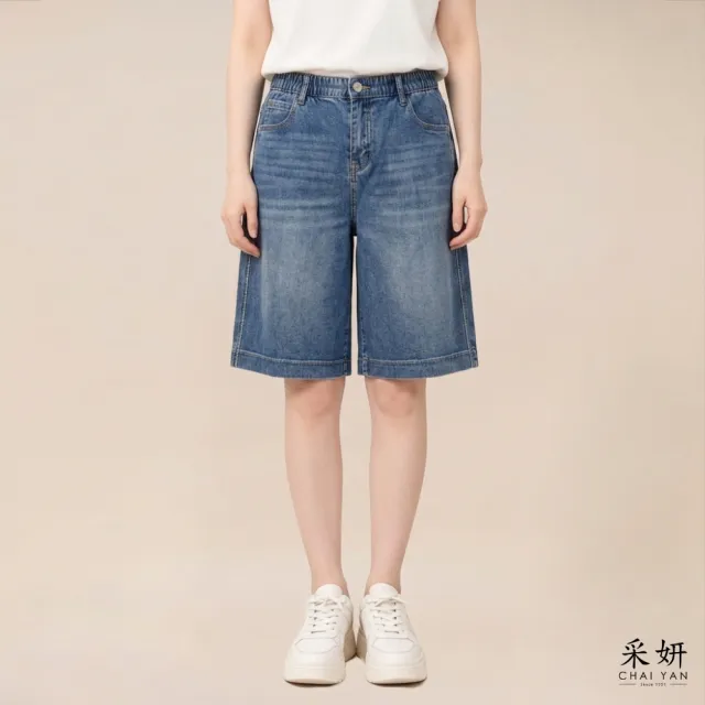 【CHAI YAN 采妍】復古水洗後皮標牛仔五分褲(春夏女裝/中大尺碼/牛仔褲/休閒褲/寬褲/短褲)