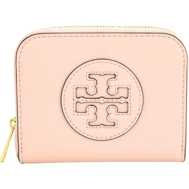 【TORY BURCH】Ella Bio 雙T徽標皮革拉鍊卡片夾 零錢包(粉紅色 卡夾 TB)