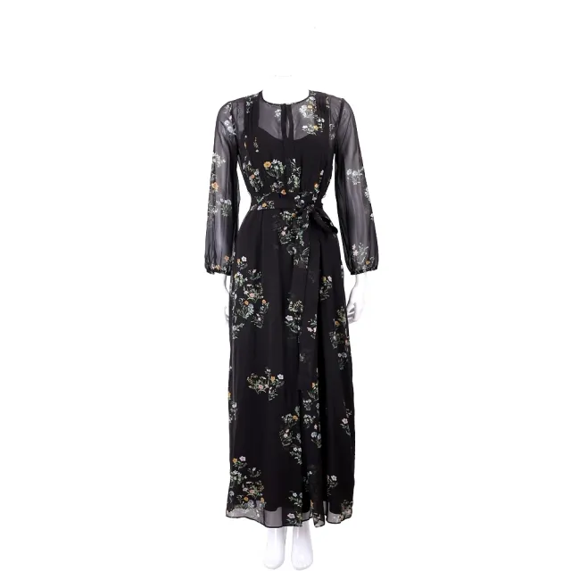 【MaxMara】黑色雪紡洋裝 花朵印花附皮革腰帶連身裙(義大利精品時裝品牌)