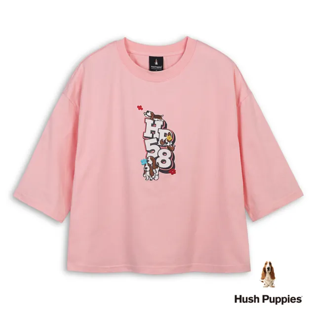 【Hush Puppies】女裝 T恤 HP58造型趴趴狗刺繡五分袖T恤 (淺粉紅 / 64211104)