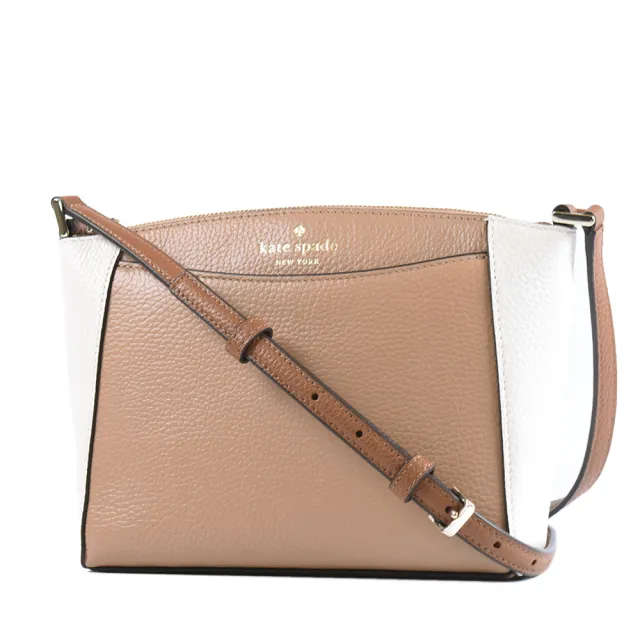 【KATE SPADE】Monica 拚色鵝卵石紋拉鍊斜背包-奶茶色/白