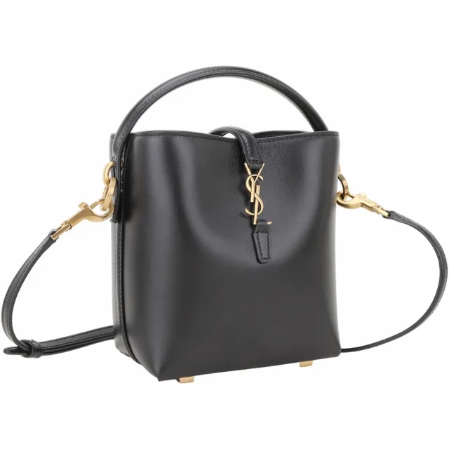 【YSL】Saint Laurent LE 37 迷你款 滑面小羊皮斜背/手提水桶包(黑色 兩用包)