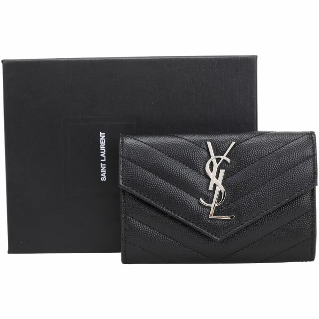 【YSL】Saint Laurent Monogram 銀字魚子醬牛皮信封釦式卡片夾/零錢包(黑色)